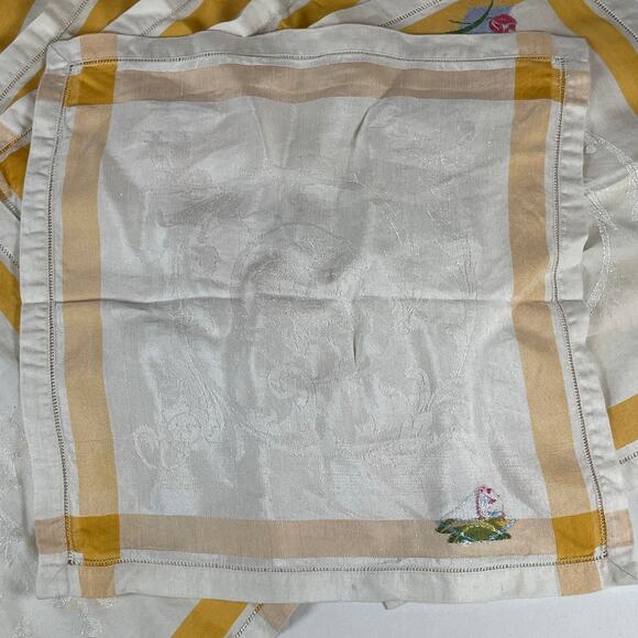 Vintage Set 8 Linen Napkins Cream w/ Yellow Boarder Embroidered Red Rose 14x13 - Picture 4 of 12